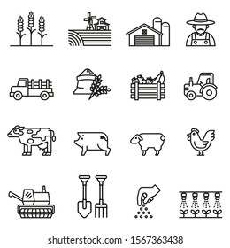 Farm and Agriculture line icon set with white background. Farmers, Plantation, Gardening, Animals, Objects, Harvester trucks, Tractors.