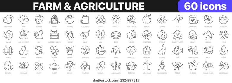 Farm and agriculture line icons collection. Food, organic, animals, fruits, vegetables icons. UI icon set. Thin outline icons pack. Vector illustration EPS10