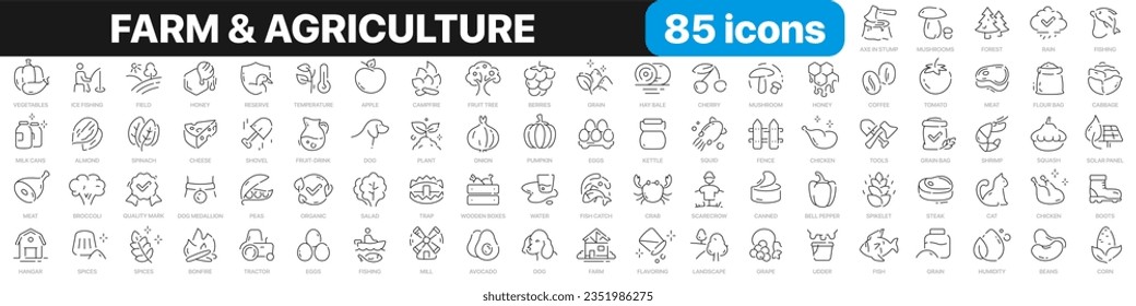 Farm and agriculture line icons collection. Food, organic, animals, fruits, vegetables icons. UI icon set. Thin outline icons pack. Vector illustration EPS10