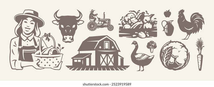 Farm agriculture and livestock eco food production retro icon set vector flat illustration. Woman farmer with vegetables crop cattle ranch tractor poultry goose chicken organic cabbage carrot milk