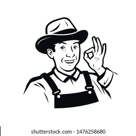 Farm, agriculture logo or label. Funny farmer vector illustration