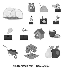 Farm and agriculture monochrome icons in set collection for design. Garden and plants isometric vector symbol stock web illustration.