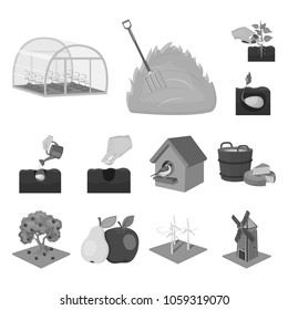 Farm and agriculture monochrome icons in set collection for design. Garden and plants isometric vector symbol stock web illustration.