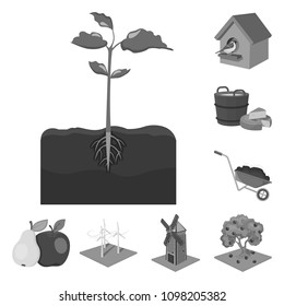 Farm and agriculture monochrome icons in set collection for design. Garden and plants isometric vector symbol stock web illustration.