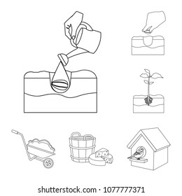 Farm and agriculture outline icons in set collection for design. Garden and plants isometric vector symbol stock web illustration.