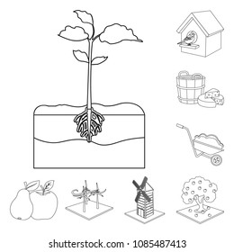 Farm and agriculture outline icons in set collection for design. Garden and plants isometric vector symbol stock web illustration.