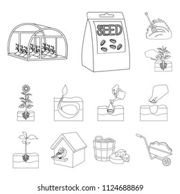 Farm and agriculture outline icons in set collection for design. Garden and plants isometric vector symbol stock web illustration.