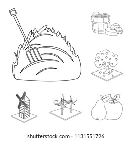 Farm and agriculture outline icons in set collection for design. Garden and plants isometric vector symbol stock web illustration.