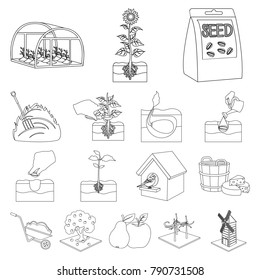Farm and agriculture outline icons in set collection for design. Garden and plants isometric vector symbol stock web illustration.