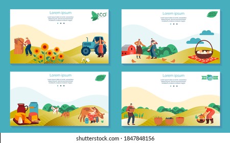 Farm agriculture product vector illustrations. Cartoon flat farmer people working in farmfield, harvesting vegetables, sunflowers and wheat, worker character milking cow. Agricultural production set