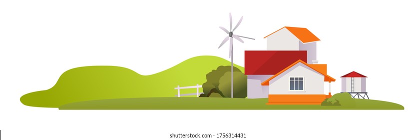 Farm, agriculture rural landscape, village house. Vector horizontal illustration, flat style