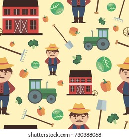 Farm agriculture seamless pattern with farmer products, fresh farm vegetables and fruits  natural food cartoon. Vector illustration
