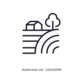 Farm and agriculture sign. Editable stroke drawn with black thin line. Perfect for web sites, UI, adverts, stores, shops. Trendy vector icon of house, tree, plantation 