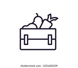 Farm and agriculture sign. Editable stroke drawn with black thin line. Perfect for web sites, UI, adverts, stores, shops. Trendy vector icon of vegetable in suitcase 