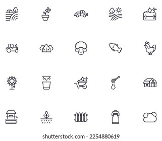 Farm and agriculture sign. Editable stroke drawn with black thin line. Perfect for web sites, UI, adverts, stores, shops. Trendy vector icon of plantation, harvest, animals, recourses 