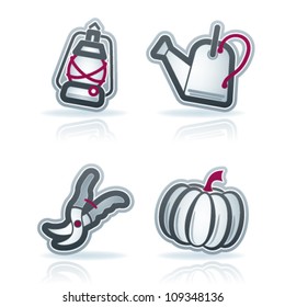 Farm (agriculture) signs, from left to right, top to bottom:   Kerosene lamp, Watering can, Pruning shears, Pumpkin.