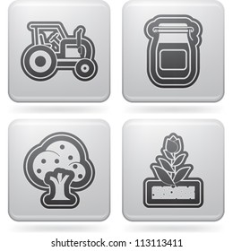 Farm (agriculture) signs, from left to right, top to bottom:   Tractor, Jar of Jam, Fruit tree, Plant.