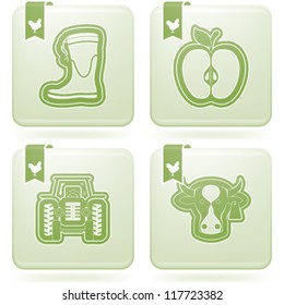 Farm (agriculture) signs, from left to right, top to bottom:  Wellington boot, Apple, Tractor, Cow.