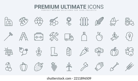 Farm Agriculture Thin Line Icons Set Vector Illustration. Outline Organic Harvest, Farmers Tractor And Truck, Eco Village Windmill And Solar Panel, Farmhouse Agrarian Equipment, Machines For Agronomy