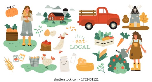 Landwirtschaft und Landwirtschaft. Vector cute Illustrationen des Dorflebens und Objekte für ein Plakat, Banner oder Postkarte, Freehand und Zeichnungen von Menschen, Tieren, Gemüse und Haus