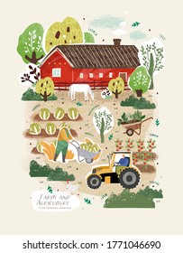 Farm and agriculture. Vector cute illustrations of men carries wheelbarrow cart, tractor on field, vegetable harvest in garden, red barn, trees, horse. Freehand drawings for poster, banner or postcard