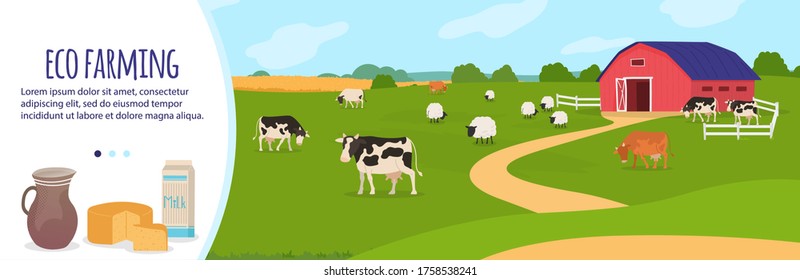 Farm agriculture vector illustration. Cartoon flat countryside landscape with cattle farm, cow grazing on green rural farmfield, eco agricultural production of organic milk, dairy products background