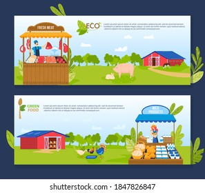 Farm agriculture vector illustrations. Cartoon flat banner collection with farmer characters selling fresh meat and dairy products at retail shop or street market stall, agricultural production set