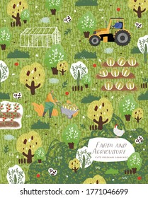 Farm and agriculture. Vector pattern illustrations of people cares for garden, potted plant, men carries wheelbarrow, tractor on field, greenhouse, grows organic vegetables. Drawings for poster, cover