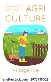 Farm and agriculture village poster. Rural landscape with field, grass, flowers, farmer worker. Eco clean area with blue sky, mountains and clouds. Vector flat illustration for banner or postcard.