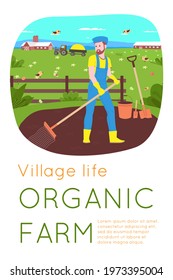 Farm and agriculture village poster. Rural landscape with field, grass, flowers, farmer worker. Eco clean area with blue sky, mountains and clouds. Vector flat illustration for banner or postcard.