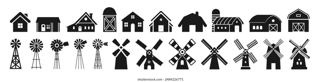 Farm, agriculture and windmill building icons