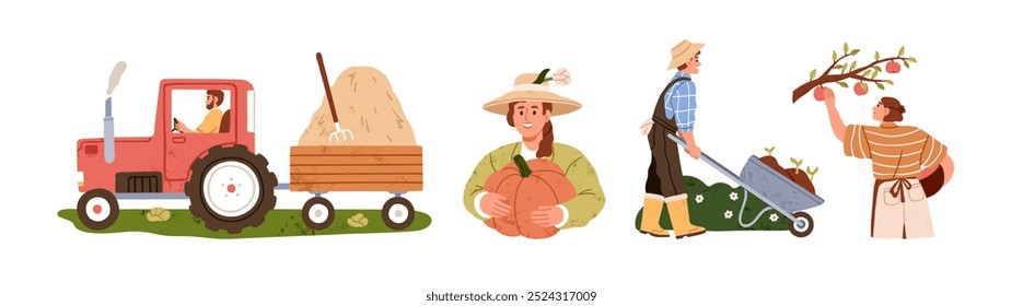 Fazenda, trabalho agrícola. Agricultores no campo definido. Fardo de feno no trator, colheita de abóbora, jardinagem com carrinho de mão, colher maçãs. Vida rural. Ilustração de vetor plano isolada no plano de fundo branco