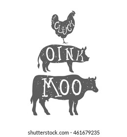 Farm Anilmals Silhouette. Chicken, pig and cow. Vector illustration