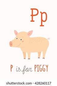 Farm animal alphabet P for piggy. ABC Kids Wall Art. Farm Alphabet Card. Nursery alphabet poster wall art. Playroom decor. P is for the Pig. Cartoon clipart eps 10 illustration isolated on white.