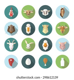 Farm animal avatars and farm products icons set with flat design. 