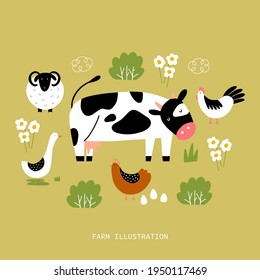 Fondo animal de granja. Ilustración vectorial de la agricultura y la naturaleza. Dibujo para afiche, tarjeta o fondo. 