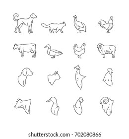 Farm animal and birds thin line icons. Farm pig and bird, rabbit and cow, vector illustration