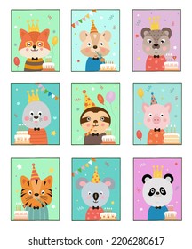 Farm Animal Birthday Posters, Celebrate Holiday Party, Children Characters In Festive Cap With Cake, Confetti And Gerland. Greeting Cards. Sloth Fox And Pig. Vector Cartoon Illustration