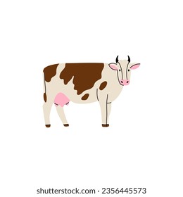 Farm animal. Brown cow, Hand drawn funny contemporary drawing livestock, milk and meat, standing mammal, cartoon flat isolated vector illustration on white background