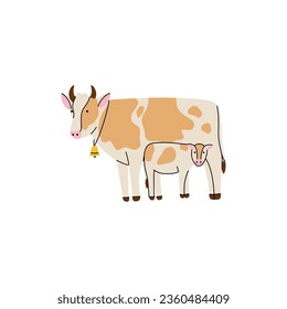 Farm animal. Brown cow, Hand drawn funny contemporary drawing livestock, milk and meat, standing mammal, cartoon flat isolated vector illustration on white background
