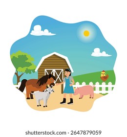 Farm animal care. A cute and happy little girl feeds horses, goats, and pigs.