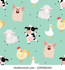 Farm animal cartoon character seamless pattern and background. Cute pig, duck, cow, hen, chicken, sheep, lamp isolated vector.