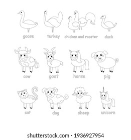 Farm Animal Cartoon Outline Sketch. Goose Turkey Chicken Duck Cow Goat Horse Pig Cat Dog Sheep Unicorn Art Design Elements Stock Vector Illustration For English Lessons, For Web, For Print, For Prodac