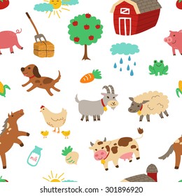 Farm animal cartoon seamless pattern with white background. Perfect for wallpaper, wrapping paper, textile