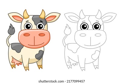 Animales de granja para niños coloreando el libro. Ilustración vectorial de una vaca graciosa en un estilo de caricatura. Rastrear los puntos y colorear la imagen