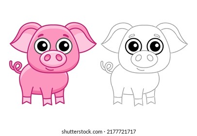 Animales de granja para niños coloreando el libro. Ilustración vectorial de un cerdo gracioso al estilo de una caricatura. Rastrear los puntos y colorear la imagen