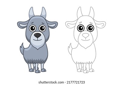 Animales de granja para niños coloreando el libro. Ilustración vectorial de una cabra graciosa al estilo de una caricatura. Rastrear los puntos y colorear la imagen