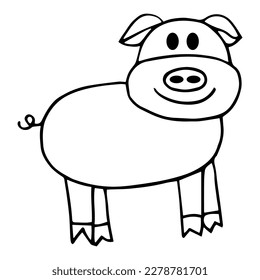 Farm animal for children coloring book. Funny vector pig in a cartoon style