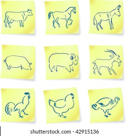 farm animal collection on post it notes original vector illustration 6 color versions included