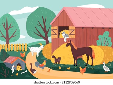 Farm animal colored composition dog in a kennel geese chickens horses and little chickens sit next to the barn and haystacks vector illustration